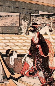 Kitagawa Utamaro Painting - A scene on the bridge Kitagawa Utamaro Ukiyo e Bijin ga